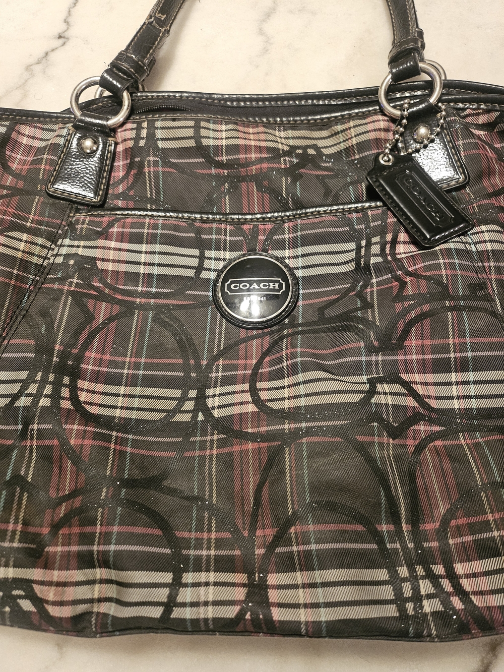 Coach Plaid Signature Tote Bag in Black/Pink - Picture 2 of 13